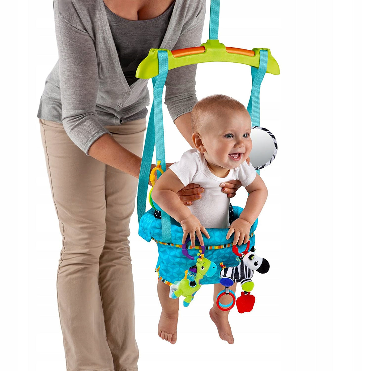 BRIGHT STARTS skoczek futrynowy DELUXE - bezpieczny skoczek dla dziecka 6 m+, do 12 kg, z zabawkami i łatwym montażem