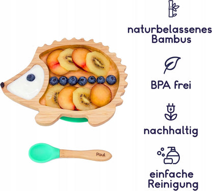 KLEINER FUCHS assiette en bambou avec ventouse en forme de hérisson + cuillère