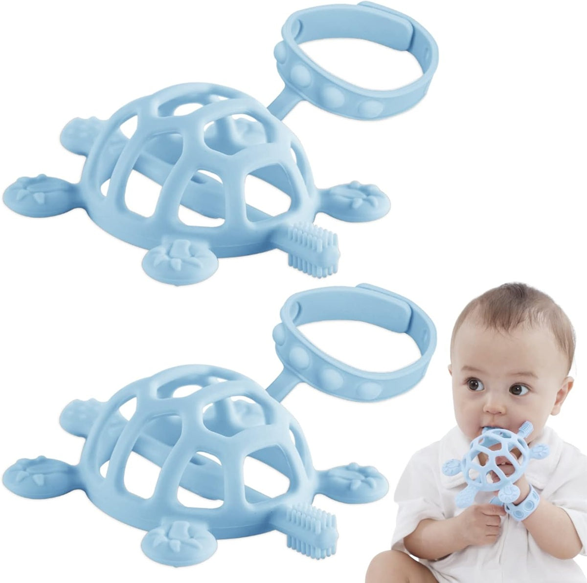 GOQELK silicone wrist teether with brush, TURTLE, 2 pieces
