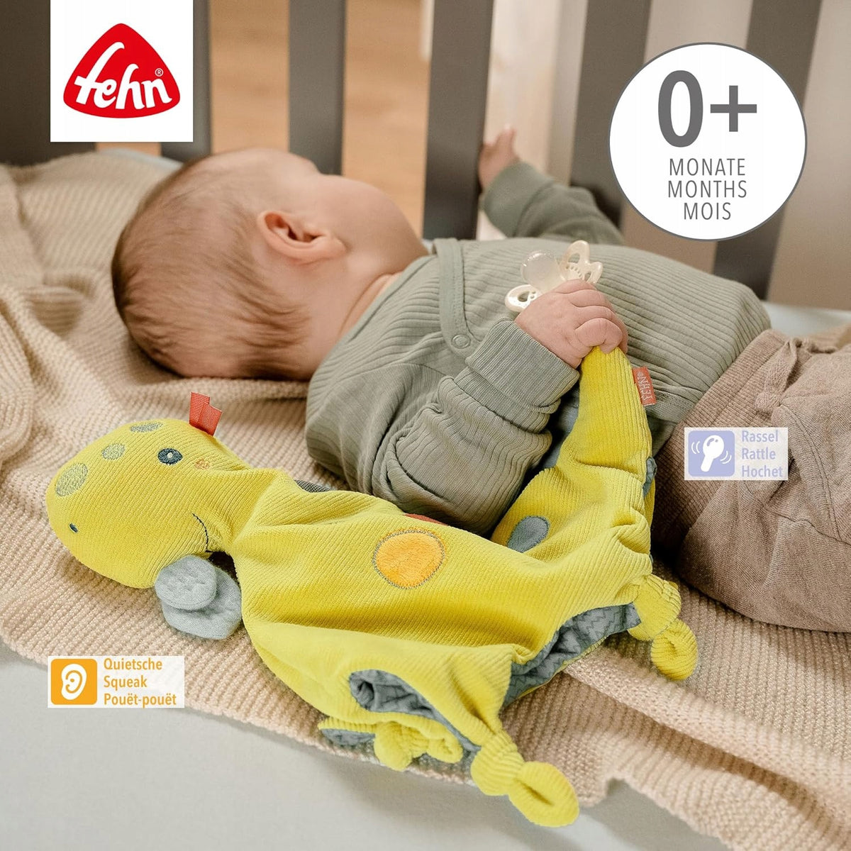 FEHN Happy Dino knuffeldeken DINOZAURUS 30 cm speenhouder