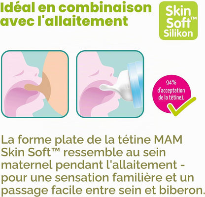 Grafika producenta MAM z informacjami o smoczku SkinSoft