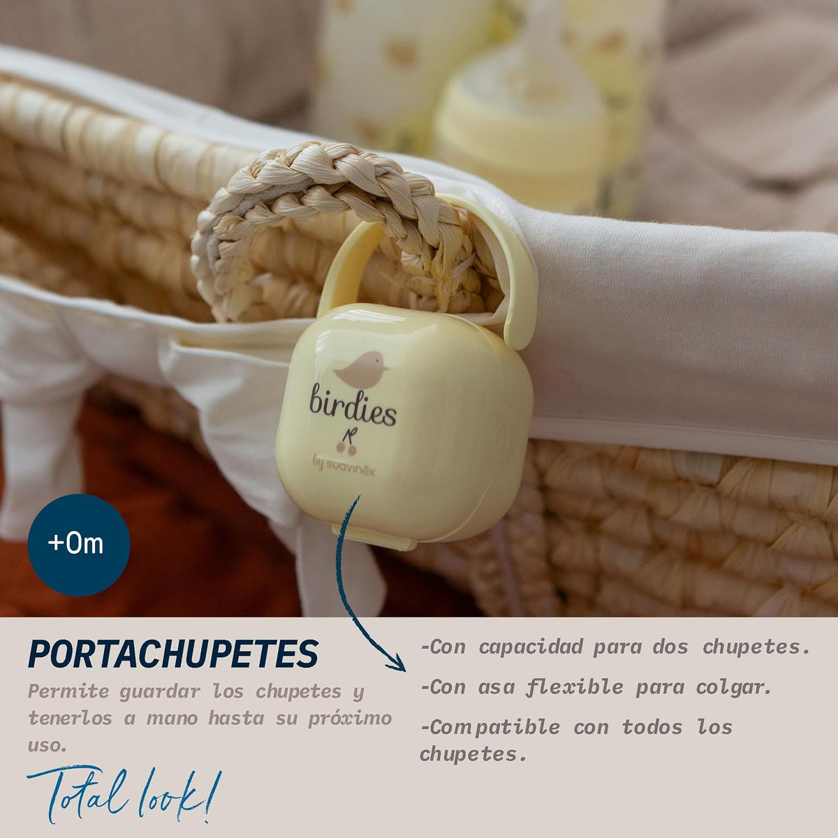 SUAVINEX Birdies etui na 2 smoczki z uchwytem do wózka, chroniące smoczki przed zabrudzeniem