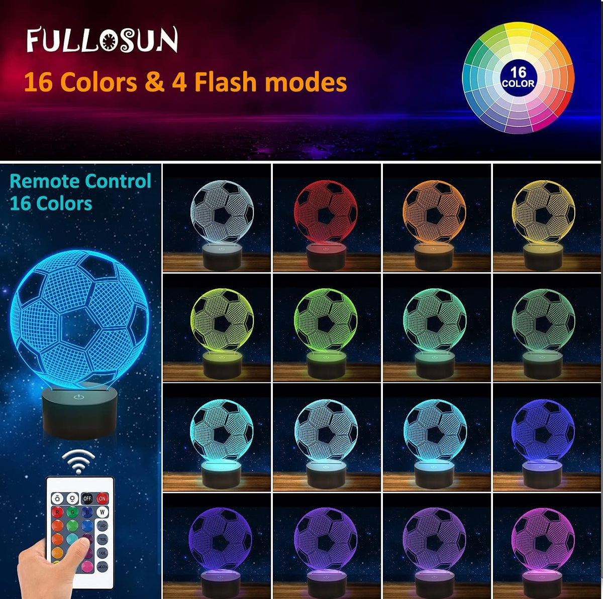 Lumină de noapte FULLOSUN 3D + telecomandă Fotbal 16 culori