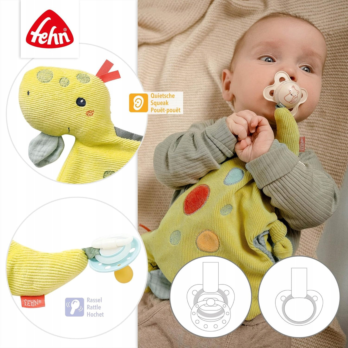 FEHN Happy Dino knuffeldeken DINOZAURUS 30 cm speenhouder