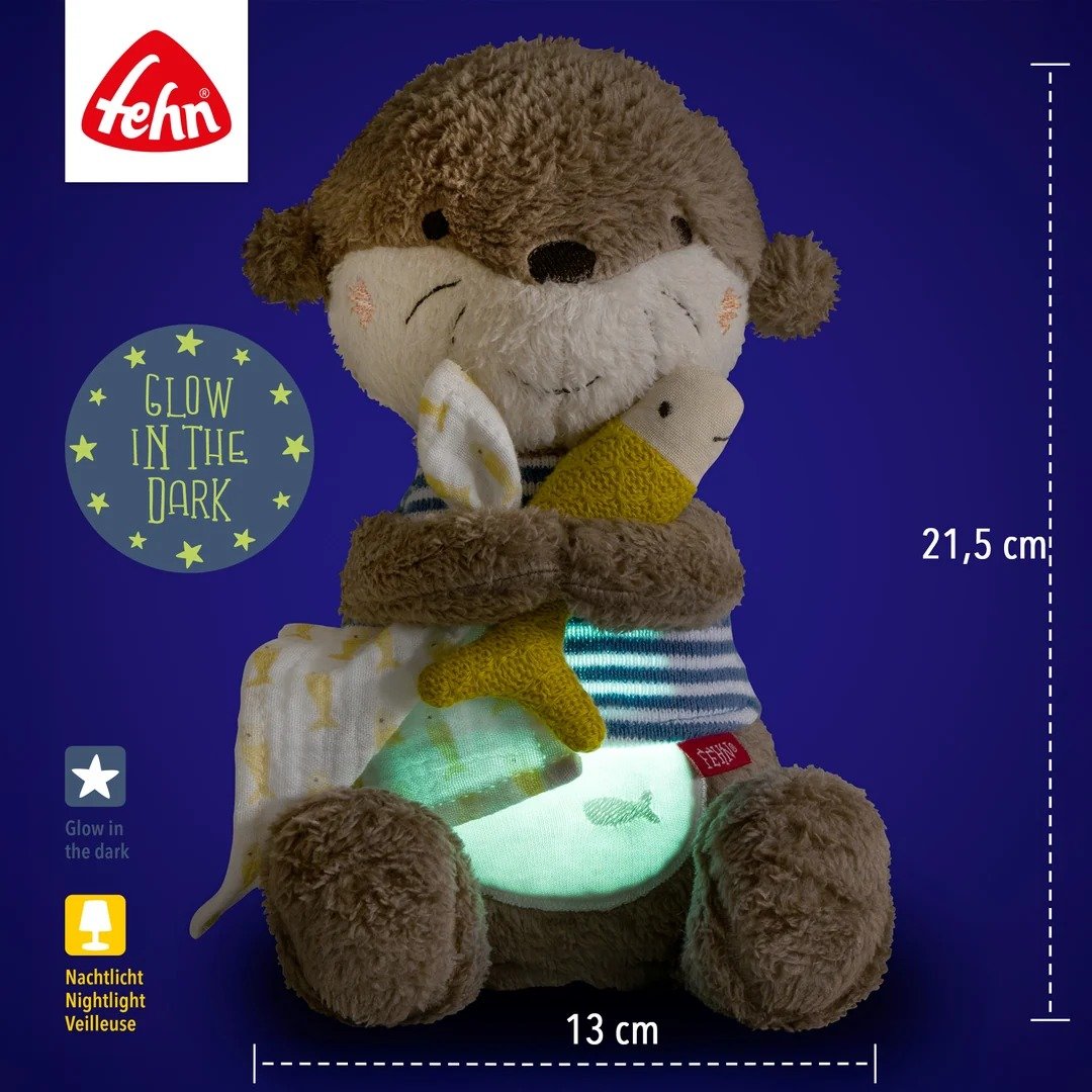 Fehn Otter lampka nocna i przytulanka, świecąca w ciemności, pluszowa zabawka 21,5 cm