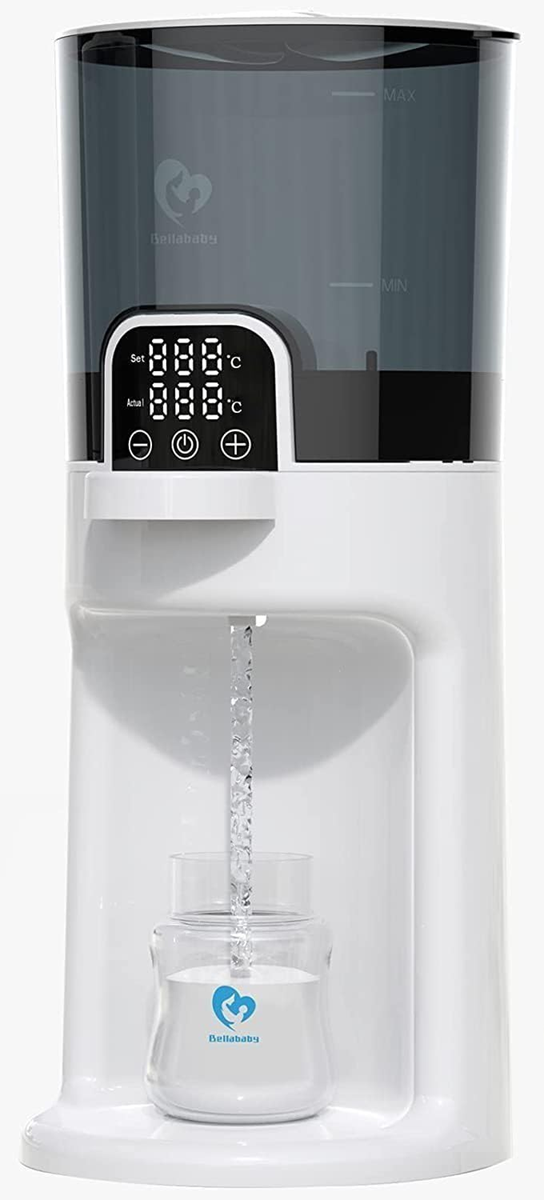 Bia�y dyspenser Bellababy Instant Warmer z ciemnym zbiornikiem, panelem cyfrowym i butelk� pod wylewk�.