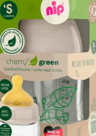 NIP Cherry Green butelka szklana 120 ml 0+ smoczek latex S – szklana butelka z lateksowym smoczkiem, 0+ msc