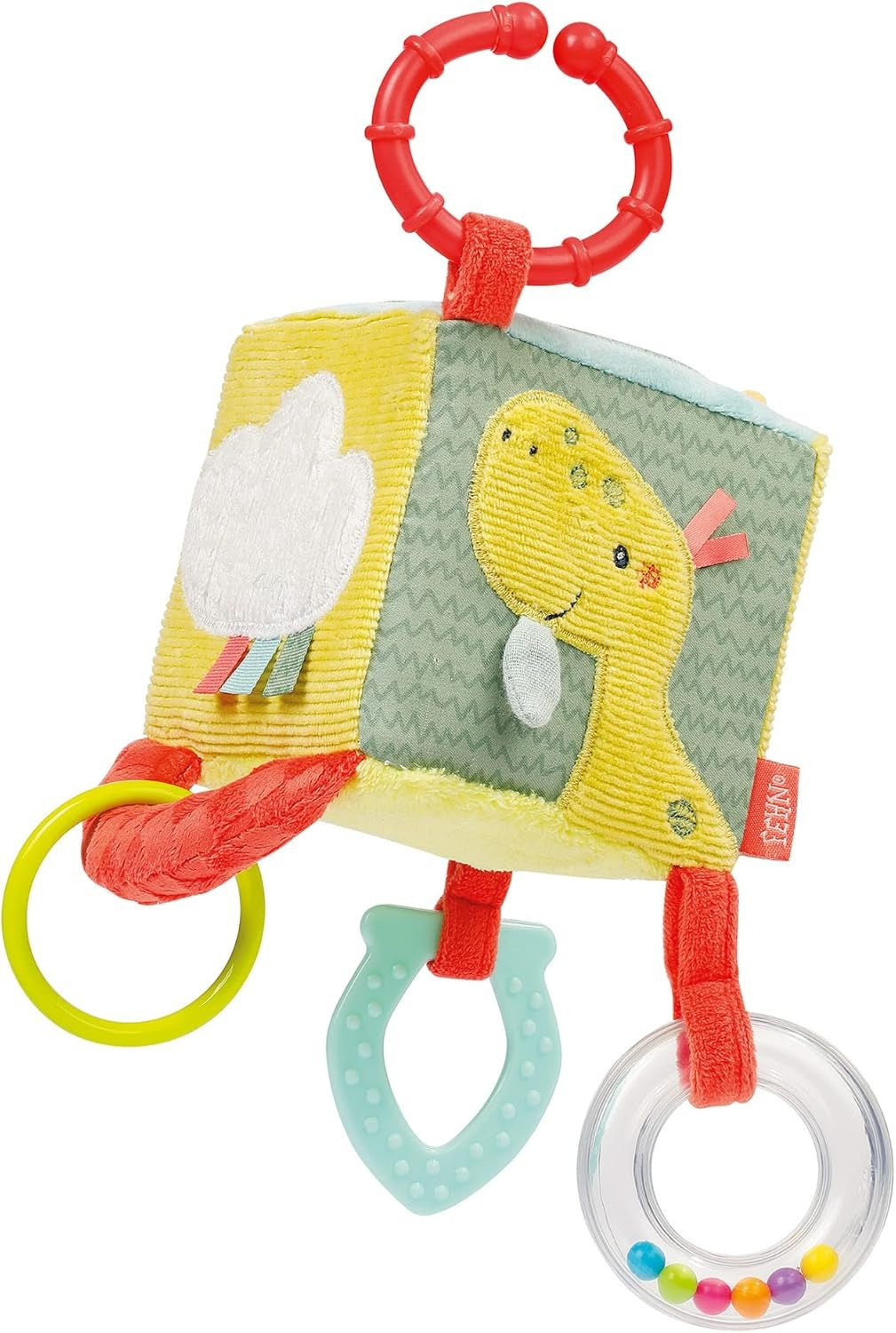 FEHN Happy Dino pluszowa zawieszka kostka z grzechotką 10 x 10 cm, kolorowa zabawka sensoryczna dla niemowląt