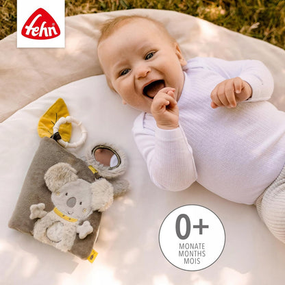 Fehn Australia książeczka sensoryczna z zawieszką, szara zabawka dla niemowląt 0+ z koalą i elementami sensorycznymi