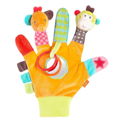 Fehn Safari pacynka sensoryczna z grzechotką, kolorowa zabawka dziecięca z elementami do chwytania i zabawy