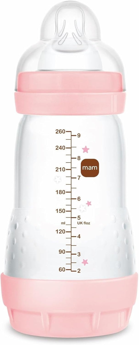 MAM Easy Start butelka antykolkowa 260ml 2m+ różowa, antykolkowa butelka dla niemowląt z silikonowym smoczkiem