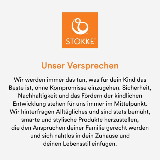 STOKKE LIMAS FLEX nosidełko ergonomiczne 4-20kg, logo Stokke i komunikat Unser Versprechen