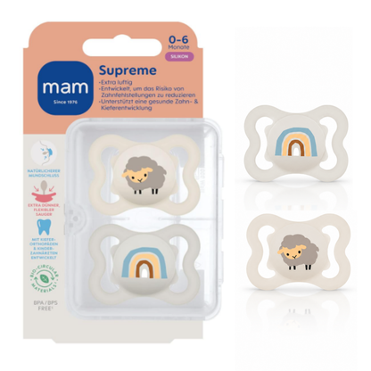 MAM Supreme smoczek uspokajający silikonowy 0-6m x2, zestaw z motywem owieczki i tęczy