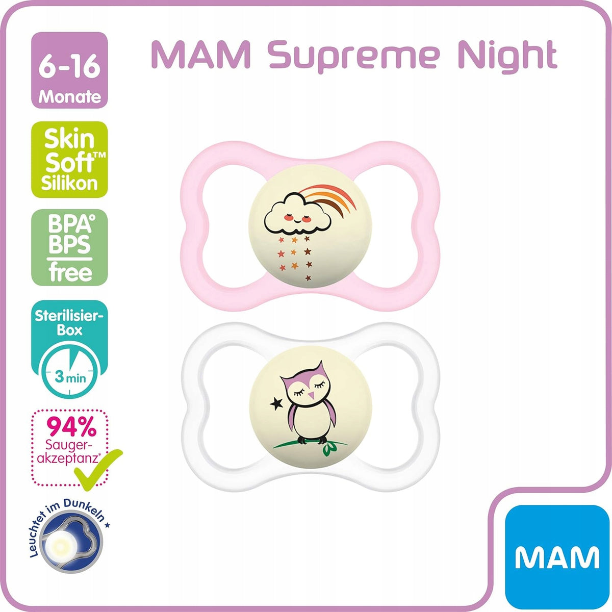 MAM SUPREME NIGHT suzetă din silicon 6-16 luni