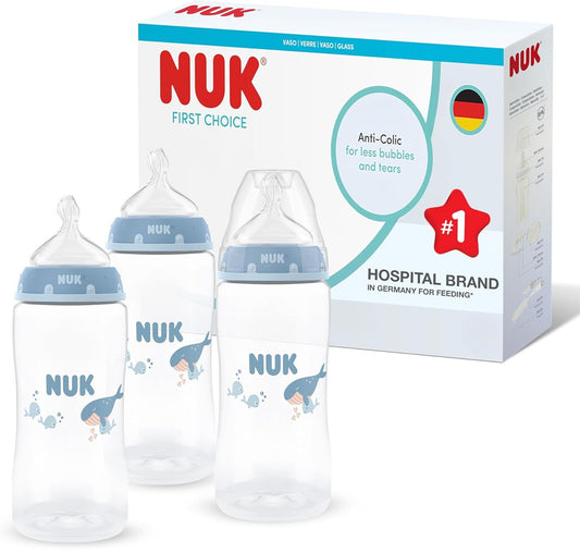 NUK First Choice set de 3 biberones de 300 ml, tetina M, 3 m+ WIELORYB