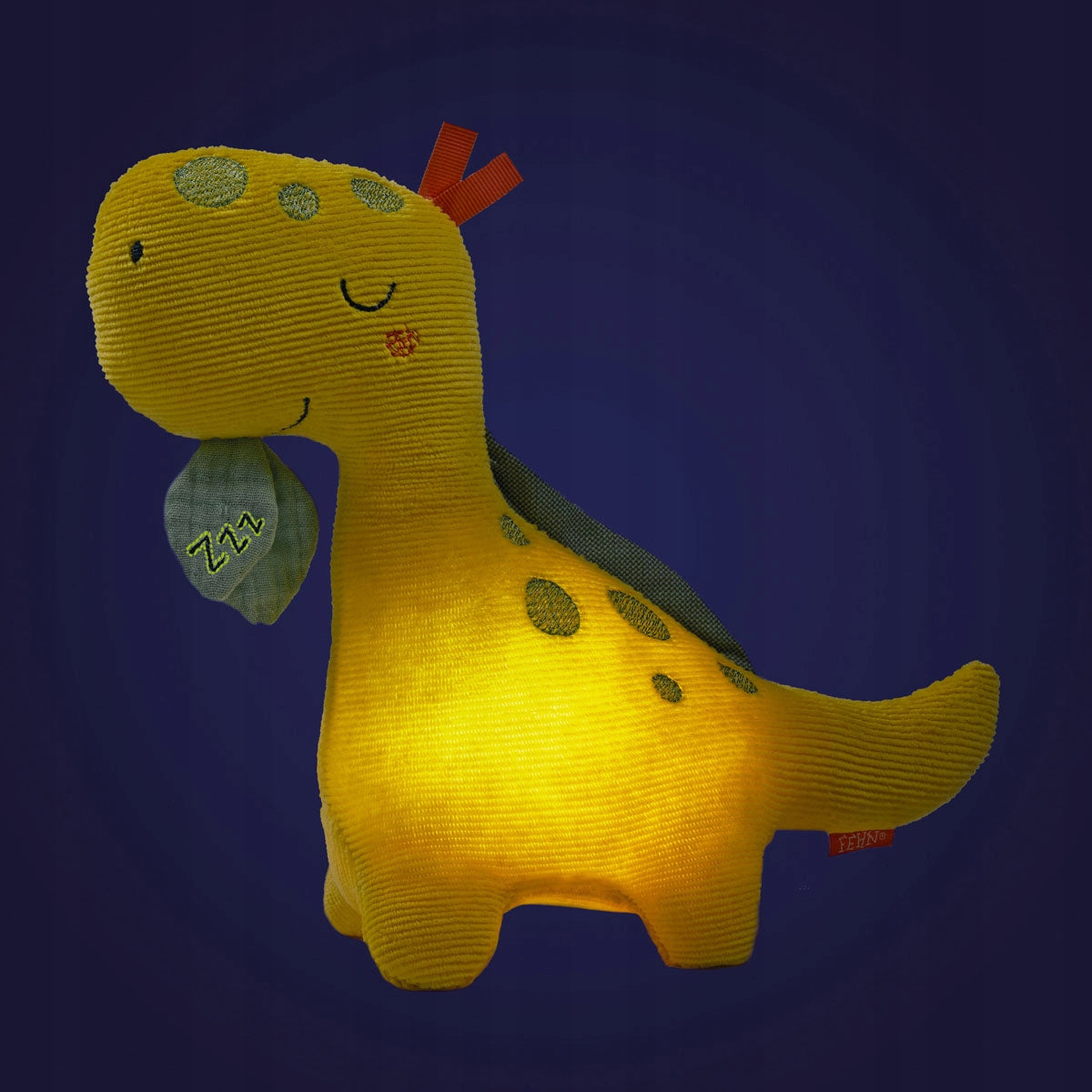 FEHN fløjlsblød krammebamse med natlampe DINO 20 x 23 cm