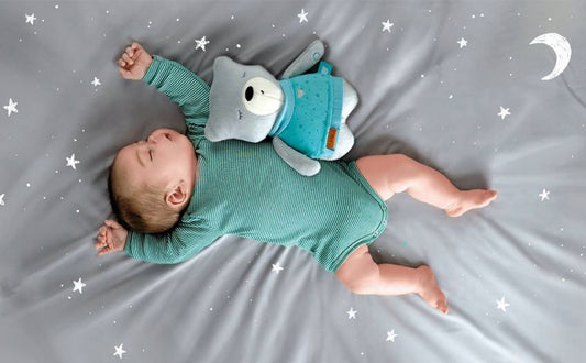 MyHummy szumiś przytulanka czujnik płaczu MIŚ LILY 24 cm, szaro-turkusowy miś uspokajający dla niemowląt
