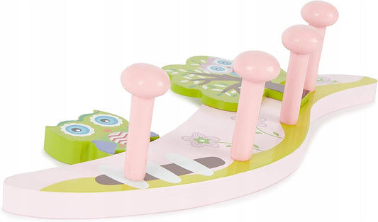 BIECO drewniany wieszak z 4 haczykami SOWA, różowo-zielony, 27 cm, dziecięcy wieszak ścienny