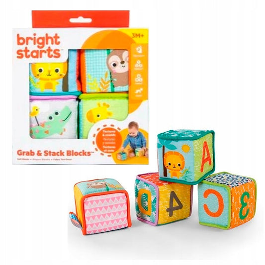 BRIGHT STARTS miękkie klocki edukacyjne GRAB & STACK, sensoryczny zestaw 4 kolorowych klocków dla dzieci 3 msc+