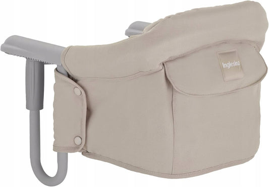 INGLESINA krzesełko turystyczne mocowane do stołu, beżowe, składane, z kieszonką i wysokim oparciem