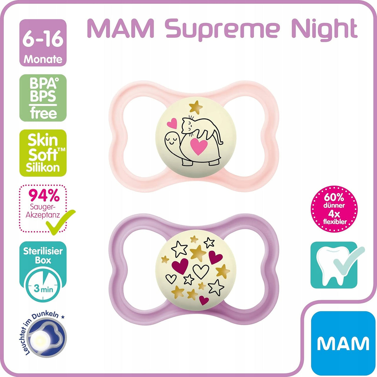 MAM SUPREME NIGHT suzetă din silicon 6-16 luni