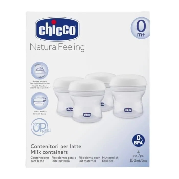 CHICCO récipients à lait 4 x 150 ml + tétine avec couvercle