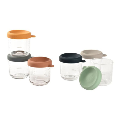 Béaba Glass Portions Sunrise – pojemniki z otwartymi i zamkniętymi pokrywkami