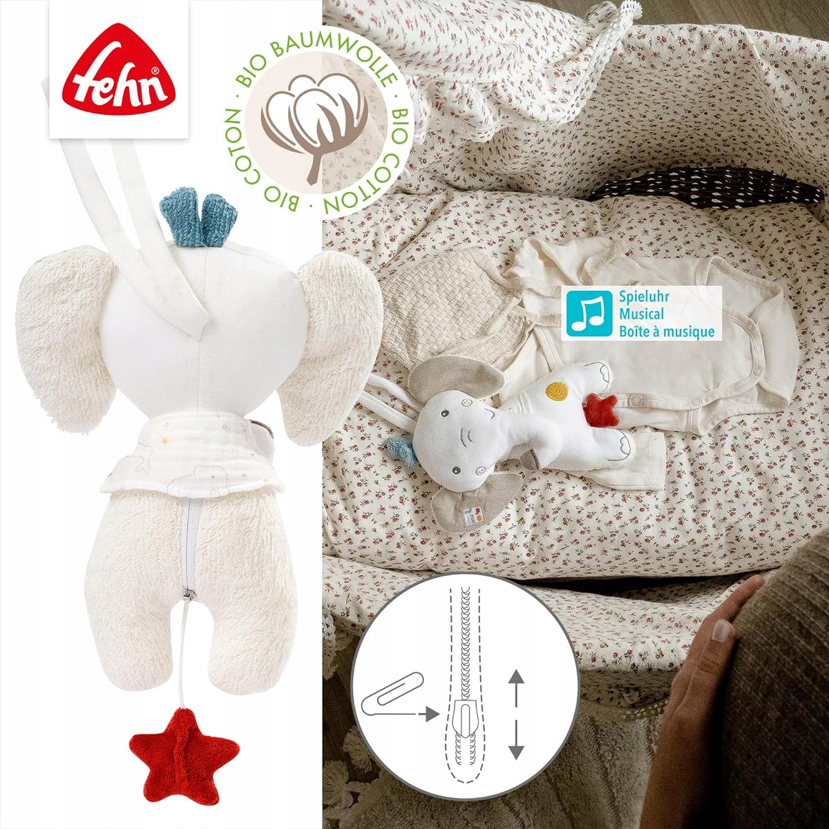 FEHN NATURE elefant din pluș BioBumbac 24cm