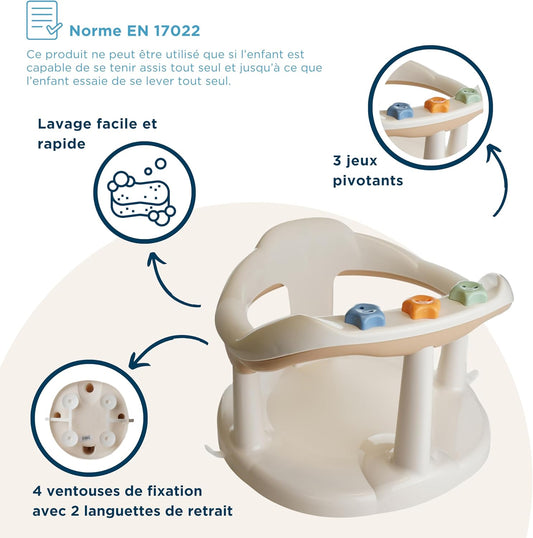THERMOBABY krzesełko do kąpieli 6m+ z normą EN 17022, 3 obrotowymi zabawkami i 4 przyssawkami