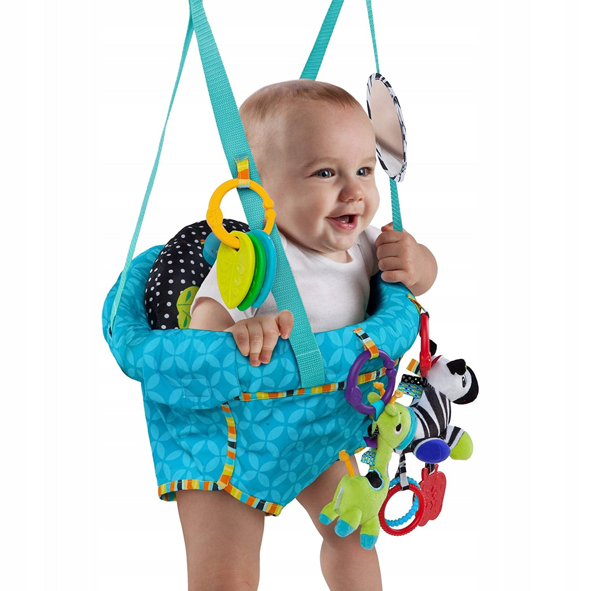 BRIGHT STARTS skoczek futrynowy DELUXE dla niemowląt, kolorowy skoczek z zabawkami, 6 m+, do 12 kg