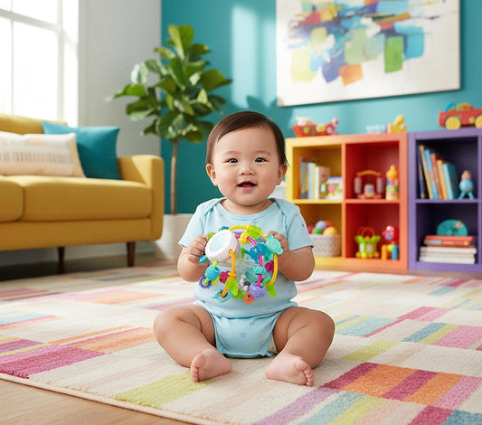 PLAYGRO Play and Learn Ball gryzak chwytak z grzechotką i lusterkiem 14 cm, kolorowa piłka edukacyjna dla niemowląt