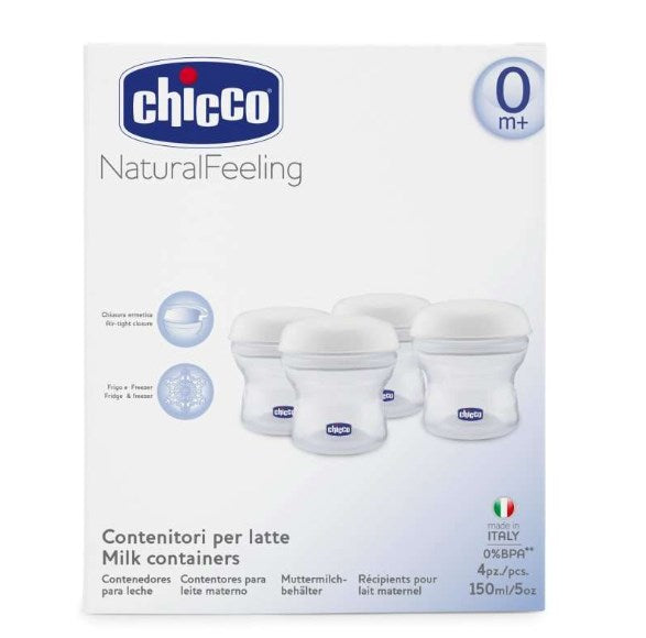 CHICCO récipients à lait 4 x 150 ml + tétine avec couvercle