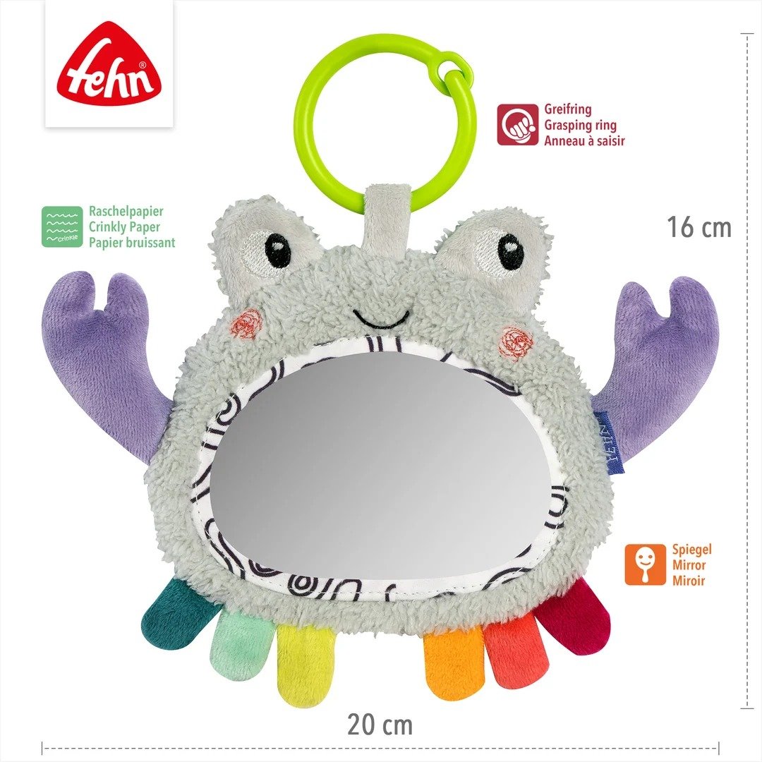 Fehn zawieszka lusterko aktywizujące 0+ 20cm krab, sensoryczna zabawka z gryzakiem i szeleszczącymi elementami