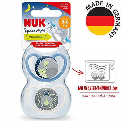 NUK Space Night smoczek uspokajający x2, pudełko do przechowywania i sterylizacji