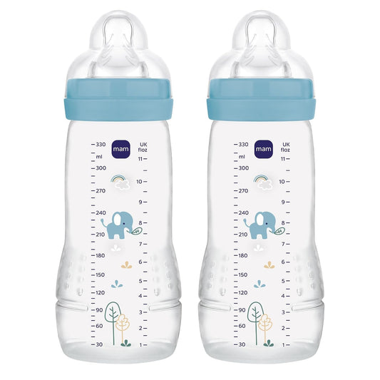 Dwie niebieskie butelki MAM Easy Active 330 ml z motywem słonia