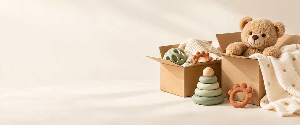 Illustration af OutletBabys lagerudsalg: kasser med babytilbehør på en cremefarvet baggrund.