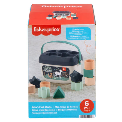 Oryginalne opakowanie Fisher-Price Pierwsze Klocki HJP20 z ilustracją wiaderka z granatową pokrywką i kolorowych klocków.